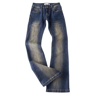 F383 美式复古水洗怀旧弹力中腰微喇牛仔裤女显瘦百搭拖地长裤ins