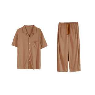 朵朵可可睡衣男2026春夏新款丝光棉翻领休闲短袖九分裤家居服套装