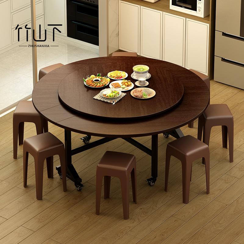 折叠餐桌家用圆形饭桌2024新款圆桌转盘12人15人可折叠吃饭大桌子