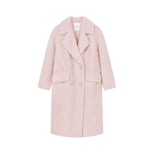 100%绵羊毛颗粒绒外套女MOFAN摩凡2025冬新款柔雾蜜桃双排扣大衣