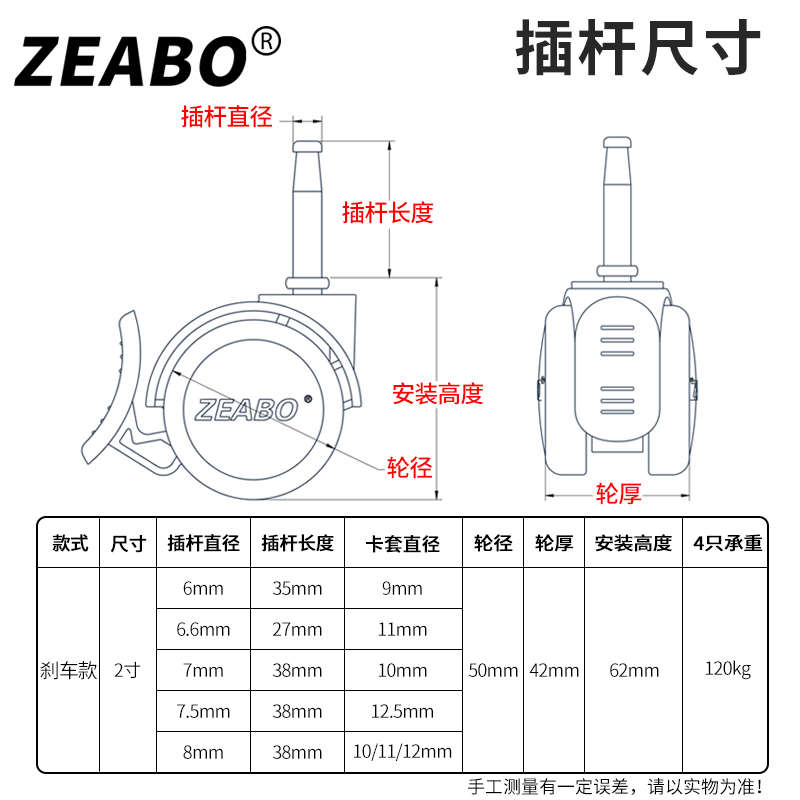 (4只装)婴儿床脚轮插杆轮童床配件万向轮带刹车双轮静音轮子滚轮