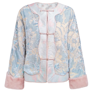 2025冬新款国风新中式水貂毛金属丝桑蚕丝加厚外套女圆领盘扣上衣