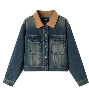 森柔牛仔|森马牛仔外套女短款翻领做旧衣服秋复古夹克小个子街头