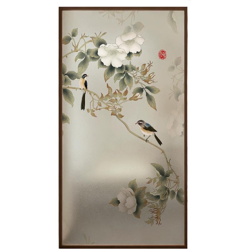 古风花鸟玻璃门贴纸高级感卫生间阳台磨砂透光不透明玻璃窗防窥膜