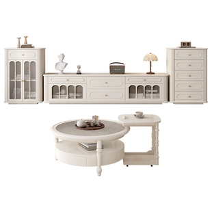 法式纯实木落地电视柜茶几组合现代简约小户型客厅奶油风60cm高柜