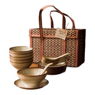 陆升Luzerne正品Rustic窑变系列思域棕复古18头陶瓷餐具套装礼盒