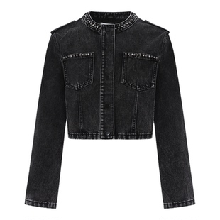 Ruco Line如卡莱 秋冬新款酷帅牛仔外套女高腰短款珠钻装饰