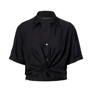 IAmMIX27夏季黑色短袖衬衫女短款宽松通勤百搭扭结套头上衣女薄款