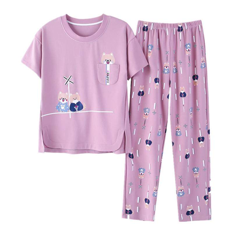 带胸垫纯棉睡衣女夏无袖长裤套装