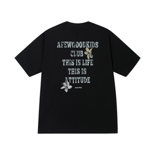 AFGK25SS破碎字体花卉印花短袖T恤夏季美式复古情侣上衣男女体恤