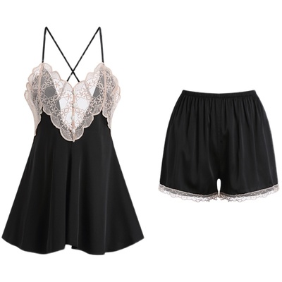 女冰丝蕾丝露背吊带短裤套装