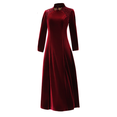 大摆金丝绒婚宴喜婆婆旗袍裙大码