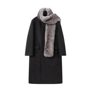 白口阳【北境领主】自带暖暖三色狐围脖老钱极简无领深灰毛呢大衣
