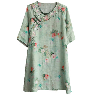 复古印花纯苎麻衬衫女夏季中长款麻料刺绣茶服民族风衬衣禅意小衫