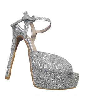 演出银色亮片BLINGBLING防水台鱼嘴凉鞋超高跟宴会走秀婚礼伴娘女