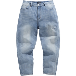 【断码钜惠】太平鸟男装 宽松锥形蓝色水洗牛仔长裤男潮B1HAE1141