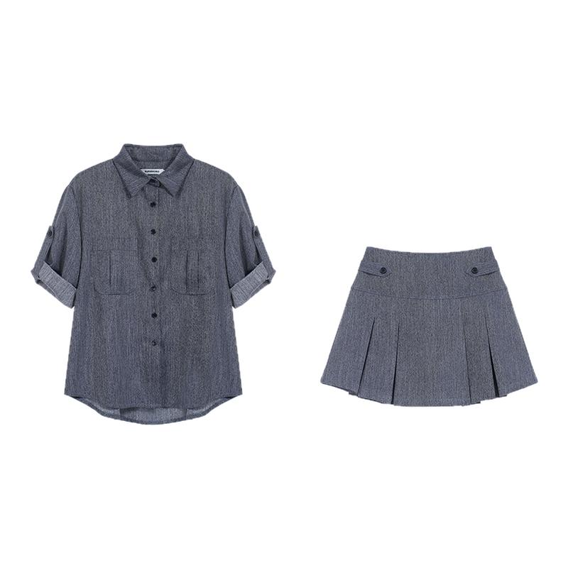 灰色半袖仿牛仔衬衫上衣女夏季小众设计感百褶短裙子半裙两件套装