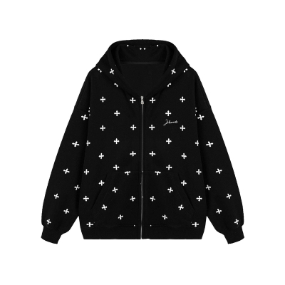 ICH MODE明星同款满印十字架黑色外套女春装宽松开衫卫衣上衣