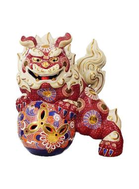 日本进口九谷烧狮子滚绣球摆件