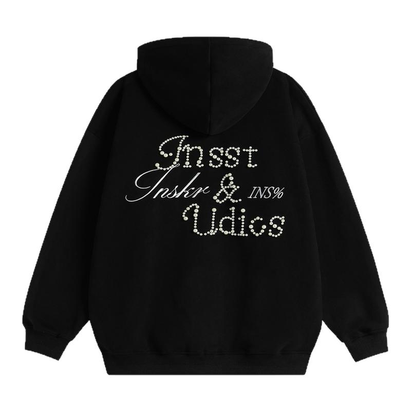 INSstudios 国潮情侣「钉珠珍珠LOGO连帽卫衣」宽松加绒开衫外套