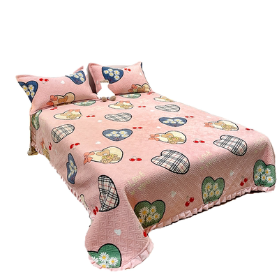 加厚冬季新款牛奶绒绗缝夹棉花边床盖套件