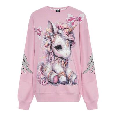 TCH潮牌烫钻2025秋夏新款时尚宽松卡通粉色圆领卫衣T75C11E9002