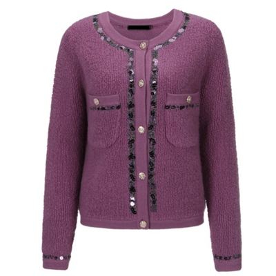 羚荌渼圆领圈圈针法加厚纯羊绒毛衫重工珠片绣外套100羊绒开衫女