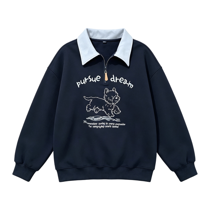 胖mm特大码女装藏蓝色Polo领长袖卫衣女秋冬休闲宽松显瘦印花上衣