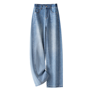 亮闪闪弯刀烫钻牛仔裤女2026春秋新款高腰显瘦mm大码浅色直筒裤子