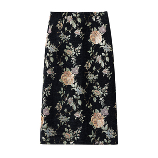 海宁皮草半身裙女2025春秋冬复古印花高腰显瘦中长款包臀一步裙子