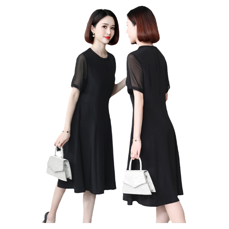 高级黑色桑蚕丝真丝连衣裙夏季