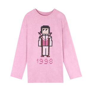 伊纳芙扎染卡通长袖T恤女2026春季新款宽松休闲圆领纯棉百搭上衣