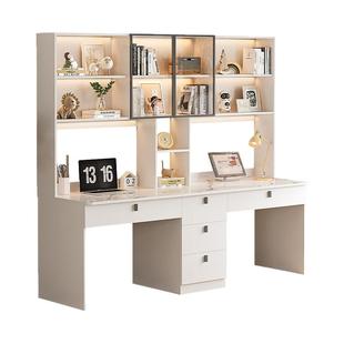 双人书桌书架一体桌子电脑桌卧室家用实木办公桌学生写字桌学习桌