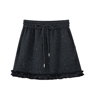 毛呢半身短裙女2025新款冬松紧高腰木耳边休闲抽绳显瘦减龄包臀裙