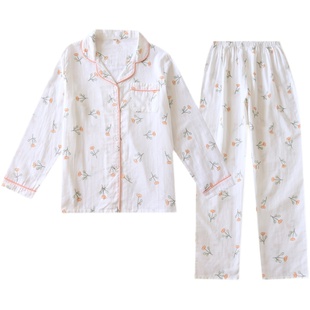 秋季纱布睡衣长袖女纯棉居家服季薄款开衫长裤日系女士家居服春秋