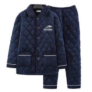 睡衣男士冬季加厚加绒爸爸三层棉袄珊瑚绒保暖中老年人家居服套装