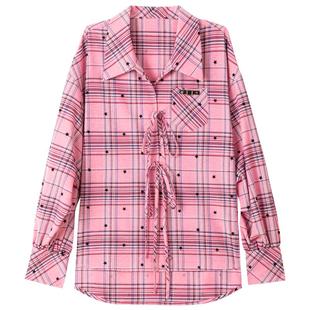 KEIKO 少女感粉色格子长袖衬衫女春季明媚显白宽松灯笼袖上衣开衫