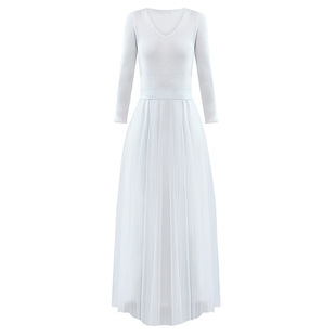 白色针织连衣裙v领长袖秋冬2026新款网纱裙子秋装打底毛衣长裙