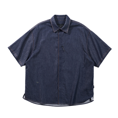 波户休闲防褪色抗皱牛仔短袖衬衫