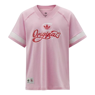 adidas阿迪达斯三叶草足球风V领半袖T恤夏女大童短袖上衣 KW2272