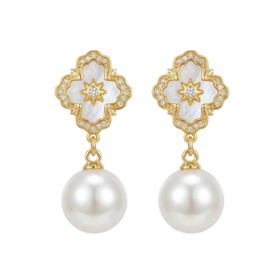 四叶草形复古宫廷风天然贝母芒星澳白南洋金珠珍珠耳钉轻奢高级感