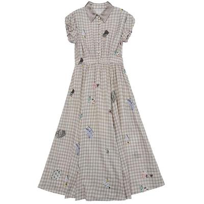 谜底连衣裙泡泡袖2025夏新品复古风度假印花合身X型长裙252ML0607