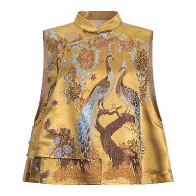 莨西子新中式国风老钱风缎面复古马甲女立领短款2026春款马夹上衣