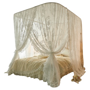 新款易拆洗蕾丝蚊帐U型伸缩升降不锈钢支架防尘落地家用卧室床幔