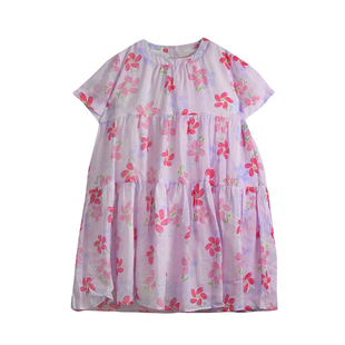 蔡爸爸童装夏装女童连衣裙大童洋气裙子纯苎麻粉红花朵连衣裙 971