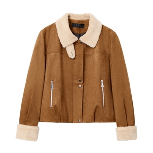 蓝语大码复古机车仿麂皮绒羽绒服2025冬新款保暖仿羊羔毛夹克外套