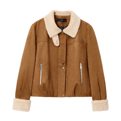 蓝语复古仿麂皮羽绒服夹克短外套