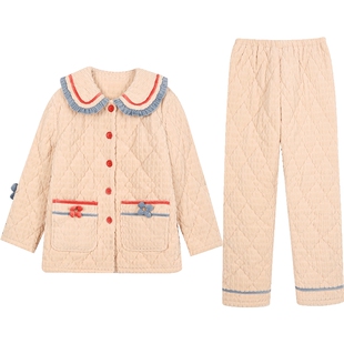 秋鹿睡衣女冬季三层夹棉羊羔绒湖南省省服娃娃领减龄撞色家居服