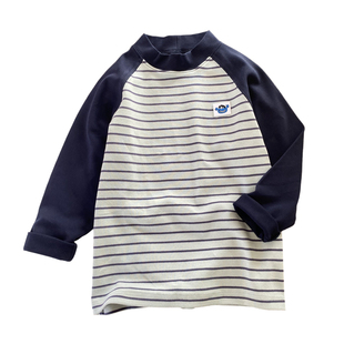 厚厚暖暖/条纹长袖打底衫/男童中领保暖内衣