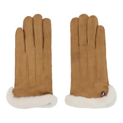 ELLE红色毛绒手套女士秋冬季加绒户外保暖仿麂皮绒分指可触屏开车